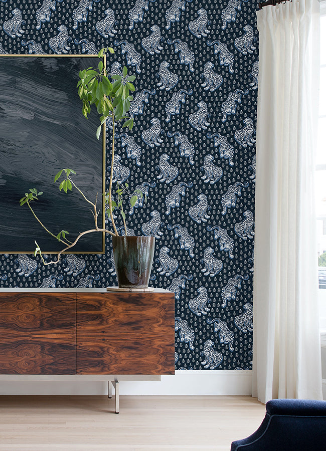 Navy Tiger Queen Peel and Stick Wallpaper  | Brewster Wallcovering