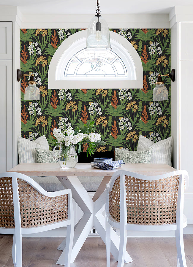 Black Multi Blooming Villa Peel and Stick Wallpaper - Brewster Wallcovering