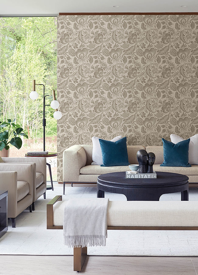 Culver Light Brown Jacobean Wallpaper by Scott Living - Brewster Wallcovering