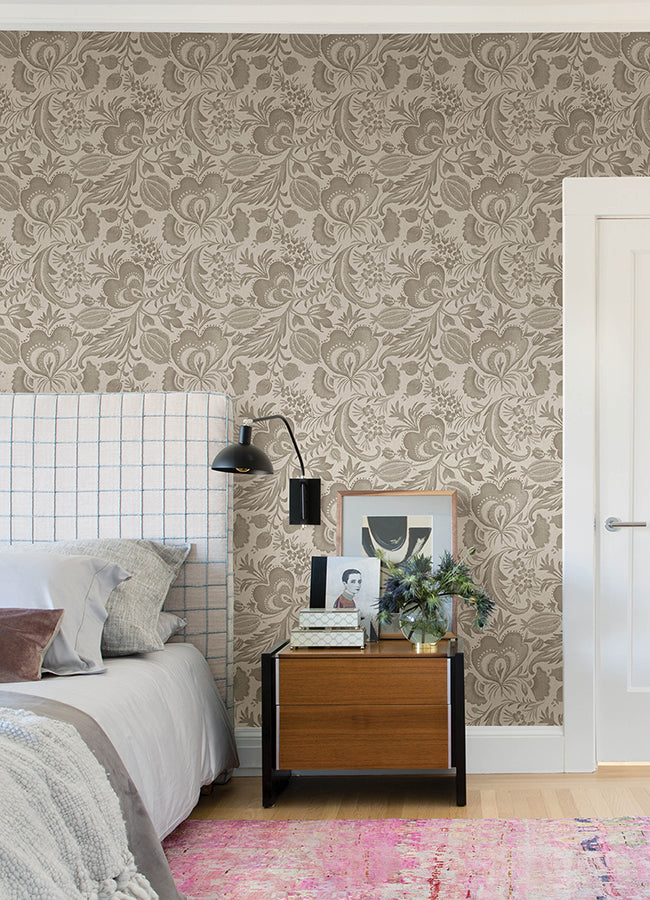 Culver Light Brown Jacobean Wallpaper by Scott Living - Brewster Wallcovering