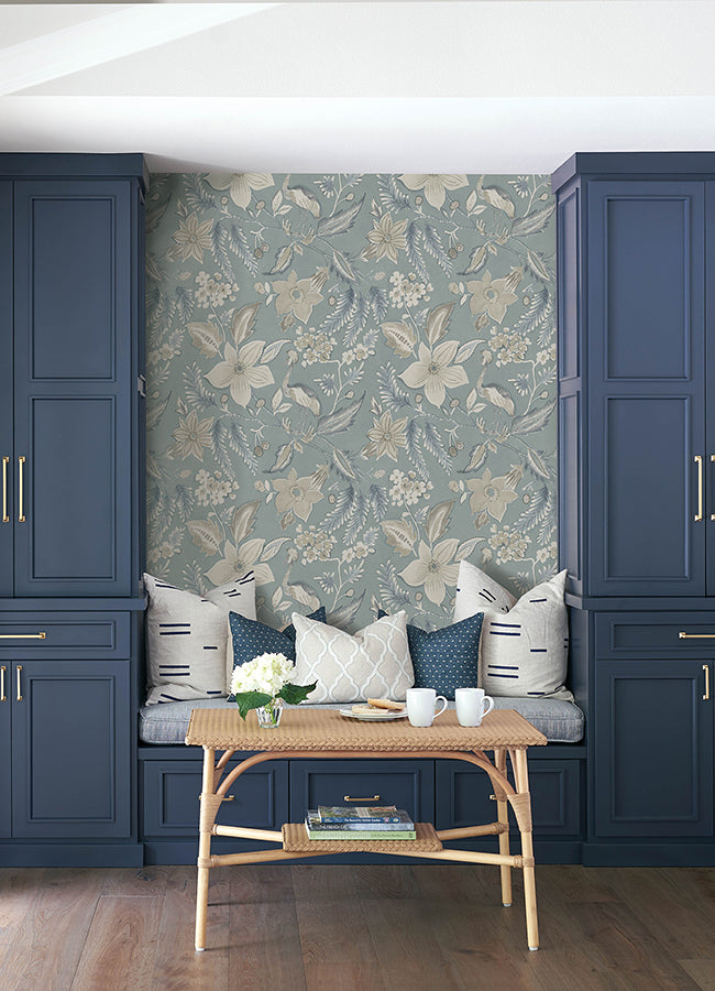 Crestwood Sky Blue Crowned Crane Wallpaper by Scott Living  | Brewster Wallcovering - The WorkRm