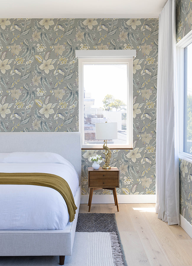 Crestwood Grey Crowned Crane Wallpaper by Scott Living  | Brewster Wallcovering - The WorkRm