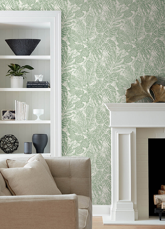 Brentwood Green Palm Leaves Wallpaper by Scott Living  | Brewster Wallcovering - The WorkRm