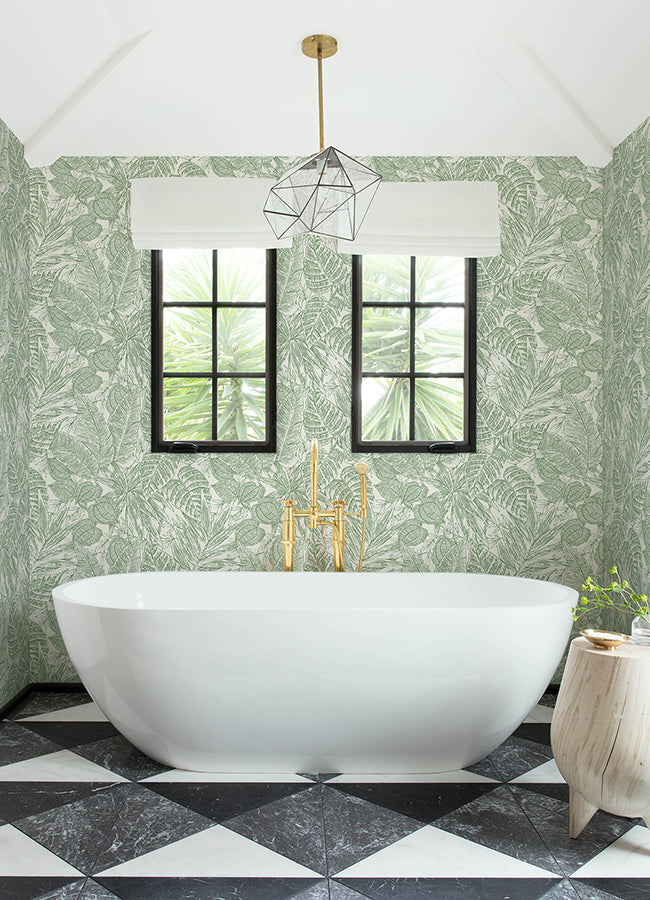 Brentwood Green Palm Leaves Wallpaper by Scott Living  | Brewster Wallcovering - The WorkRm