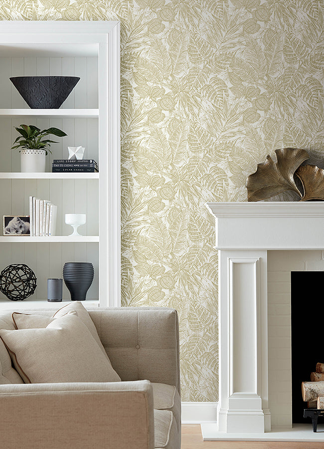 Brentwood Yellow Palm Leaves Wallpaper by Scott Living  | Brewster Wallcovering - The WorkRm