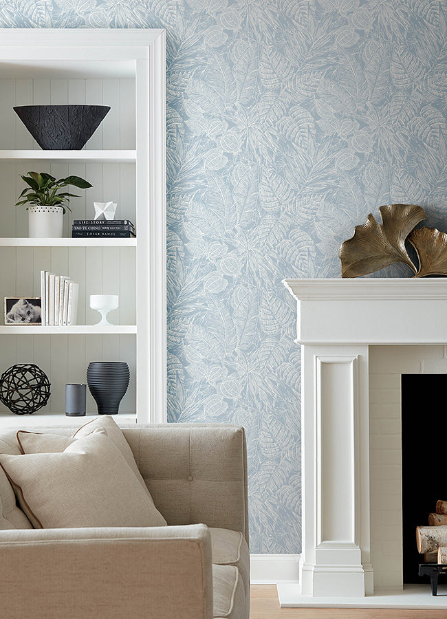 Brentwood Sky Blue Palm Leaves Wallpaper by Scott Living  | Brewster Wallcovering - The WorkRm