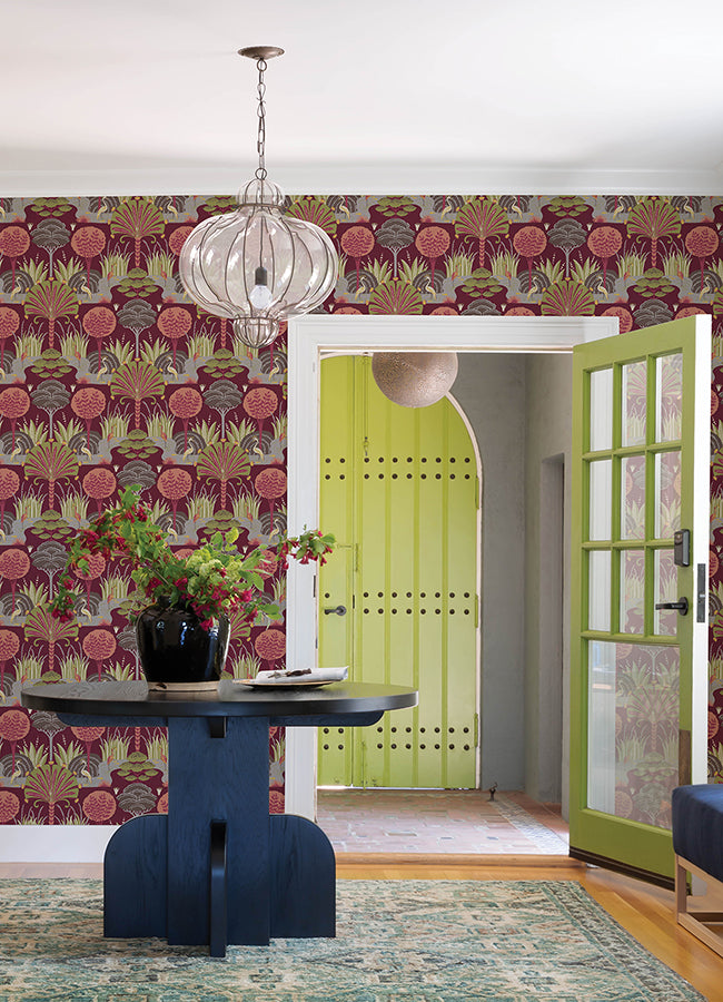 Mandeville Raspberry Tropical Paradise Wallpaper by Scott Living - Brewster Wallcovering