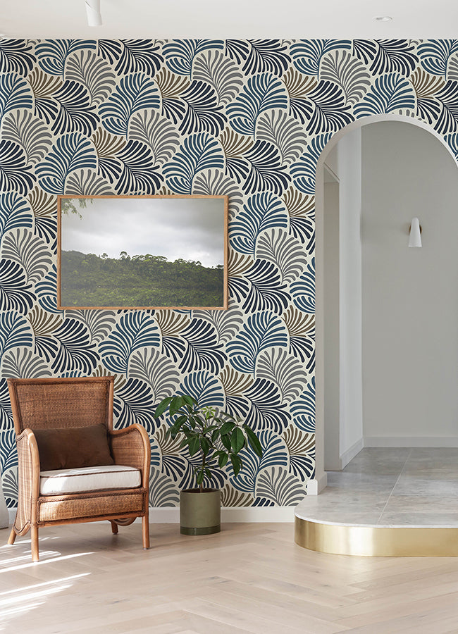 Trousdale Dark Blue Fanning Flora Wallpaper by Scott Living  | Brewster Wallcovering - The WorkRm