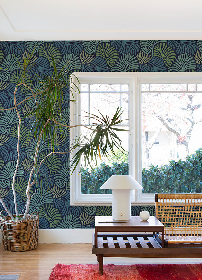 Trousdale Navy Fanning Flora Wallpaper by Scott Living  | Brewster Wallcovering - The WorkRm