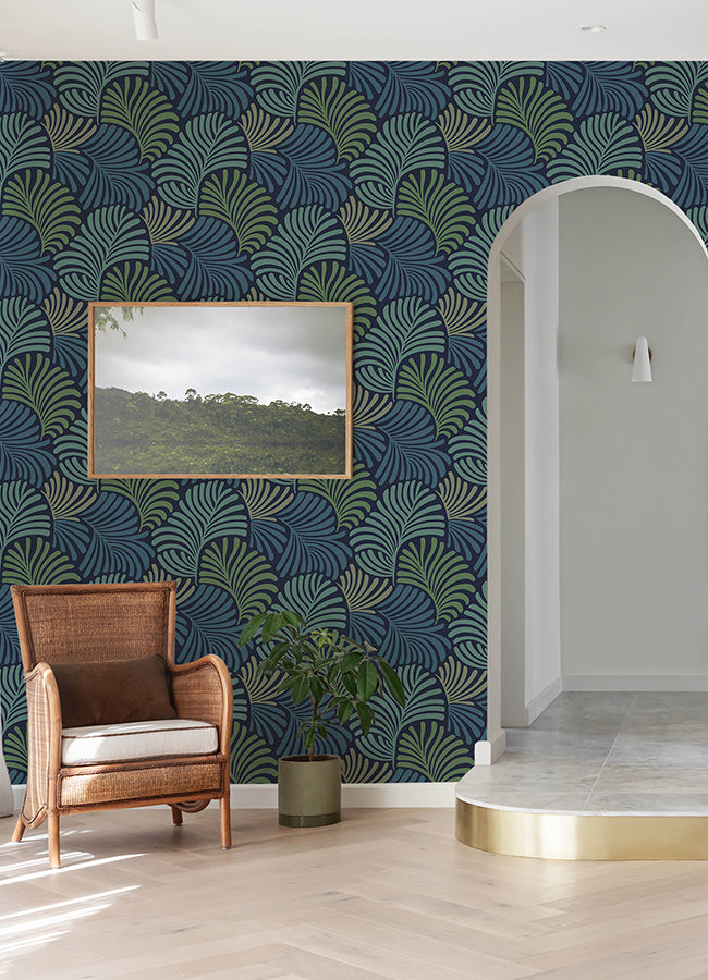 Trousdale Navy Fanning Flora Wallpaper by Scott Living  | Brewster Wallcovering - The WorkRm