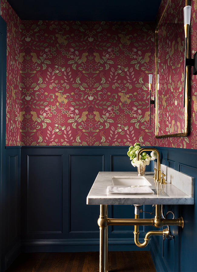 Getty Raspberry Jungle Damask Wallpaper by Scott Living  | Brewster Wallcovering - The WorkRm