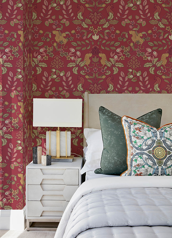 Getty Raspberry Jungle Damask Wallpaper by Scott Living  | Brewster Wallcovering - The WorkRm