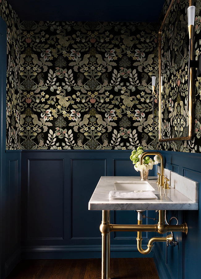 Getty Black Jungle Damask Wallpaper by Scott Living  | Brewster Wallcovering - The WorkRm