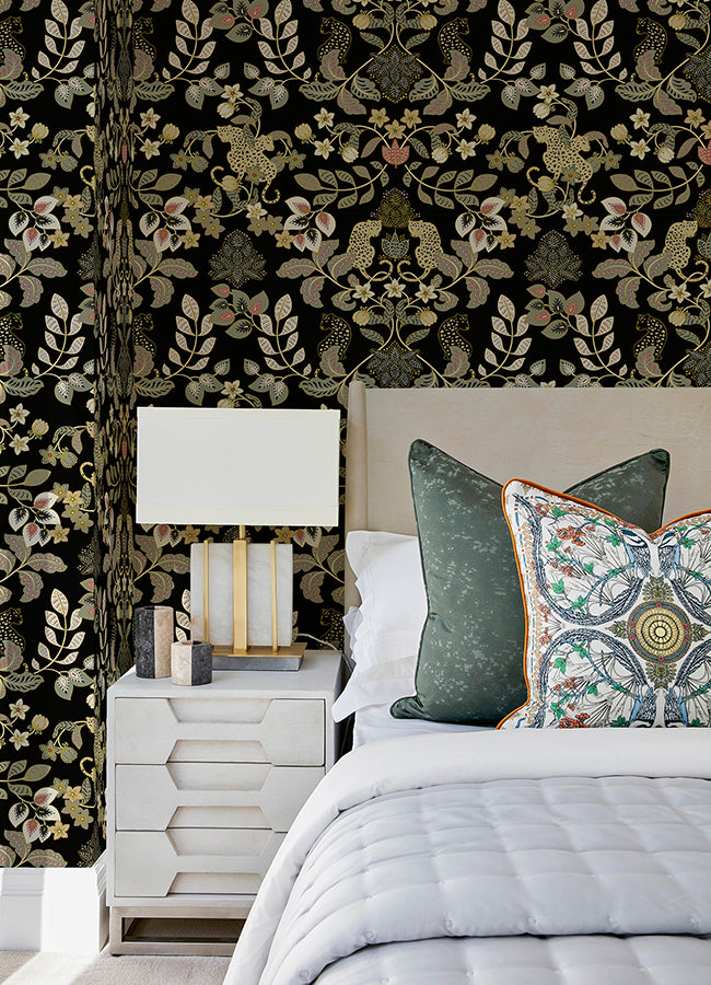 Getty Black Jungle Damask Wallpaper by Scott Living  | Brewster Wallcovering - The WorkRm