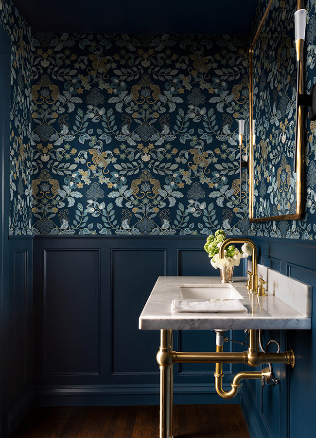 Getty Navy Jungle Damask Wallpaper by Scott Living  | Brewster Wallcovering - The WorkRm