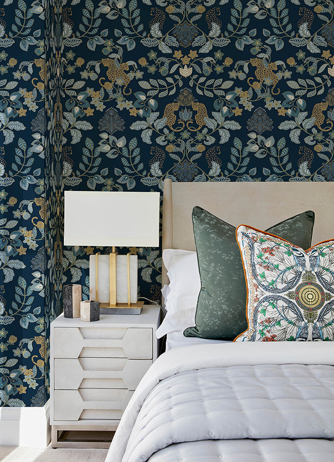 Getty Navy Jungle Damask Wallpaper by Scott Living  | Brewster Wallcovering - The WorkRm