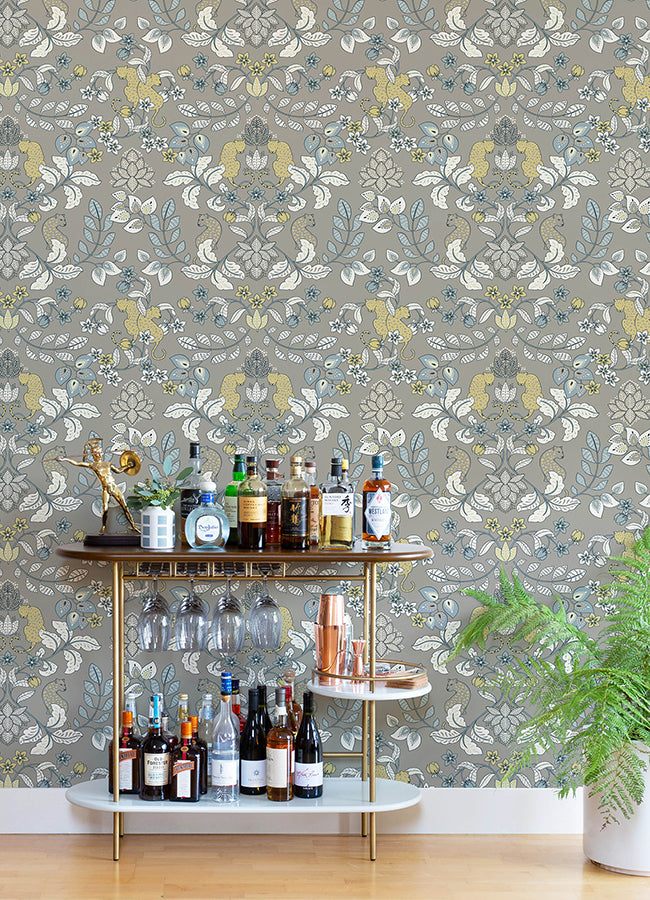 Getty Grey Jungle Damask Wallpaper by Scott Living  | Brewster Wallcovering - The WorkRm