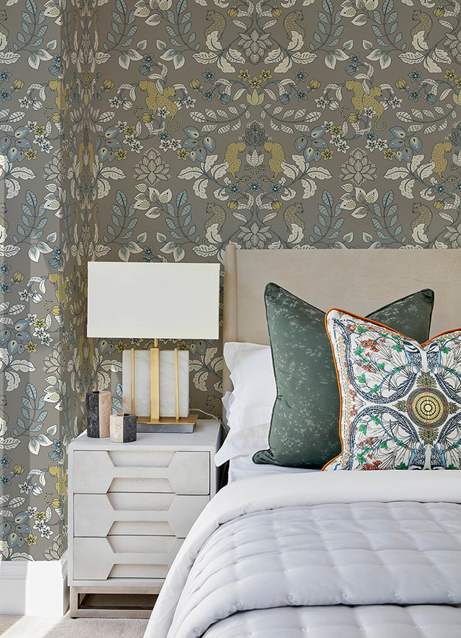 Getty Grey Jungle Damask Wallpaper by Scott Living  | Brewster Wallcovering - The WorkRm