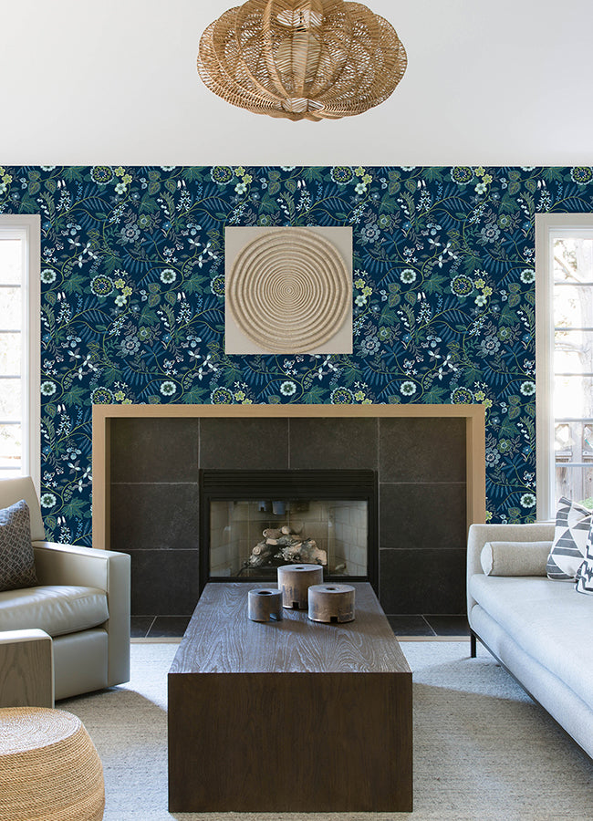 Marilyn Dark Blue Floral Trail Wallpaper by Scott Living  | Brewster Wallcovering - The WorkRm