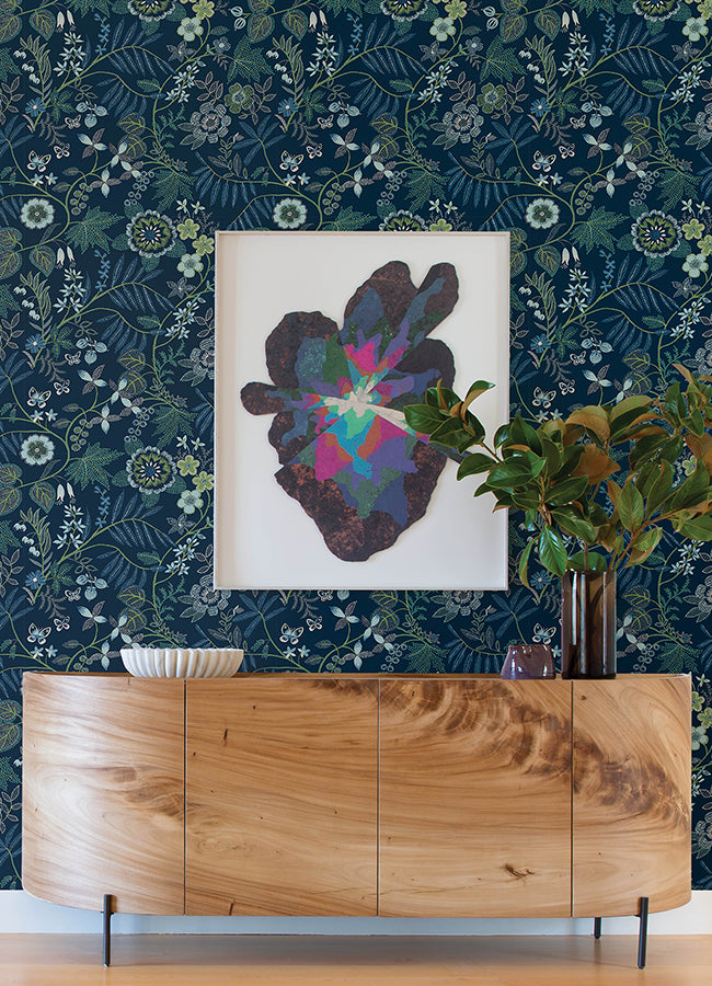 Marilyn Dark Blue Floral Trail Wallpaper by Scott Living  | Brewster Wallcovering - The WorkRm