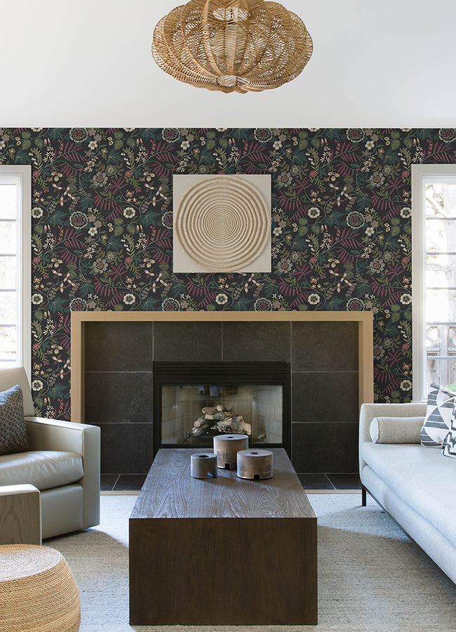 Marilyn Black Floral Trail Wallpaper by Scott Living  | Brewster Wallcovering - The WorkRm