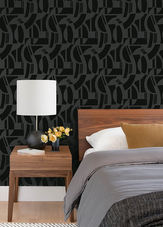 Carter Black Geometric Flock Wallpaper by Scott Living  | Brewster Wallcovering - The WorkRm