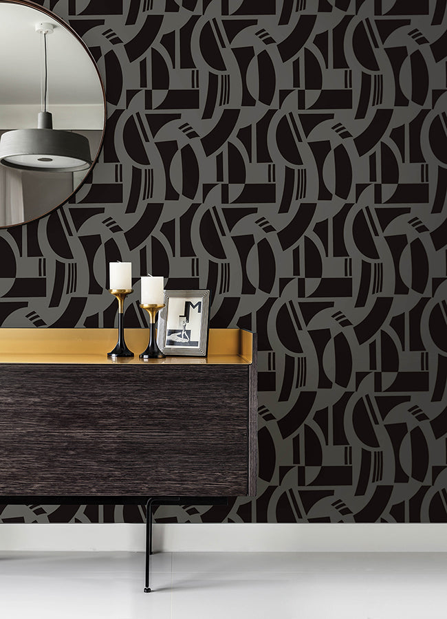 Carter Black Geometric Flock Wallpaper by Scott Living  | Brewster Wallcovering - The WorkRm