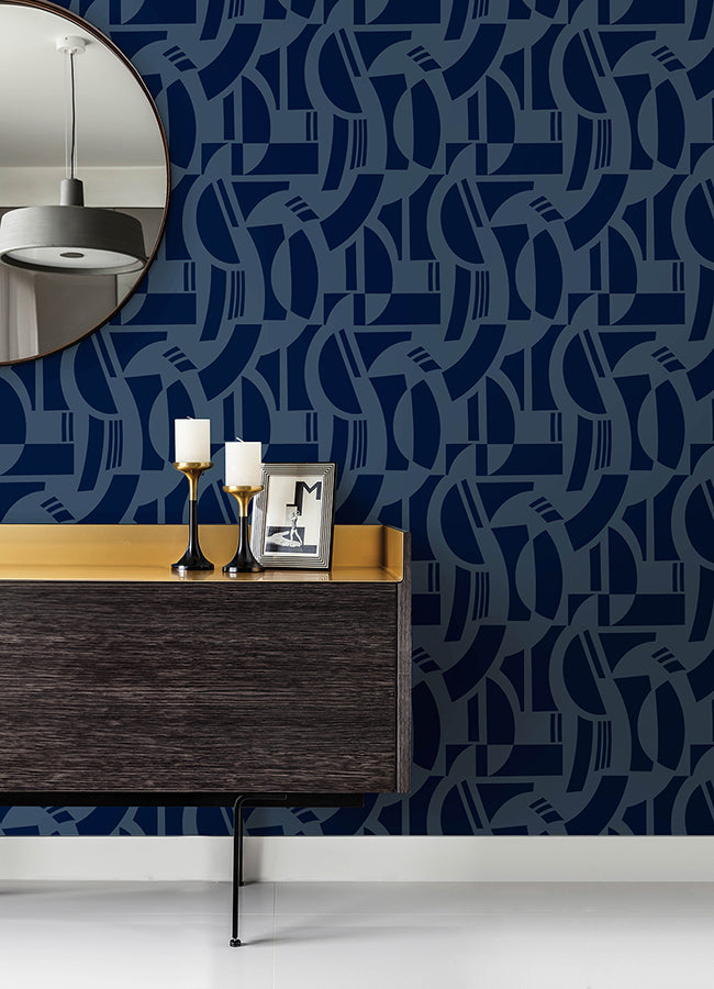 Carter Indigo Geometric Flock Wallpaper by Scott Living - Brewster Wallcovering