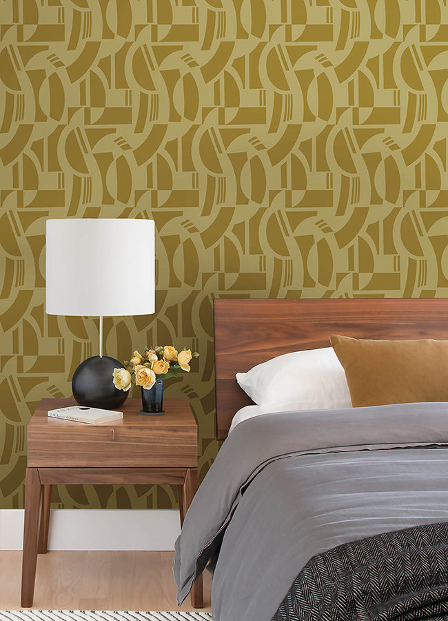 Carter Gold Geometric Flock Wallpaper by Scott Living  | Brewster Wallcovering - The WorkRm