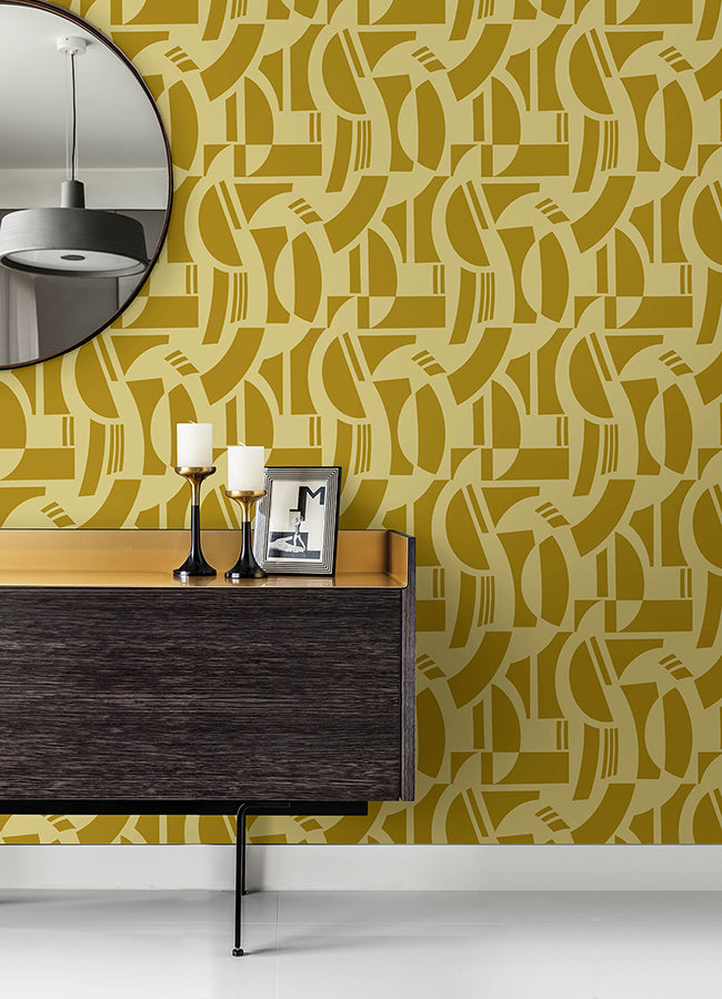 Carter Gold Geometric Flock Wallpaper by Scott Living  | Brewster Wallcovering - The WorkRm