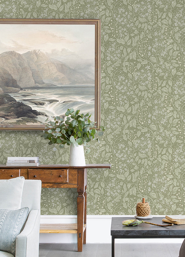 Turi Moss Twining Vines Wallpaper - Brewster Wallcovering