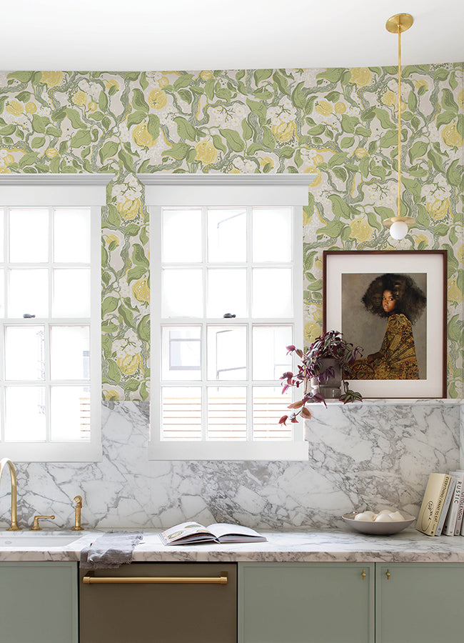 Kort Yellow Fruit and Floral Wallpaper - Brewster Wallcovering