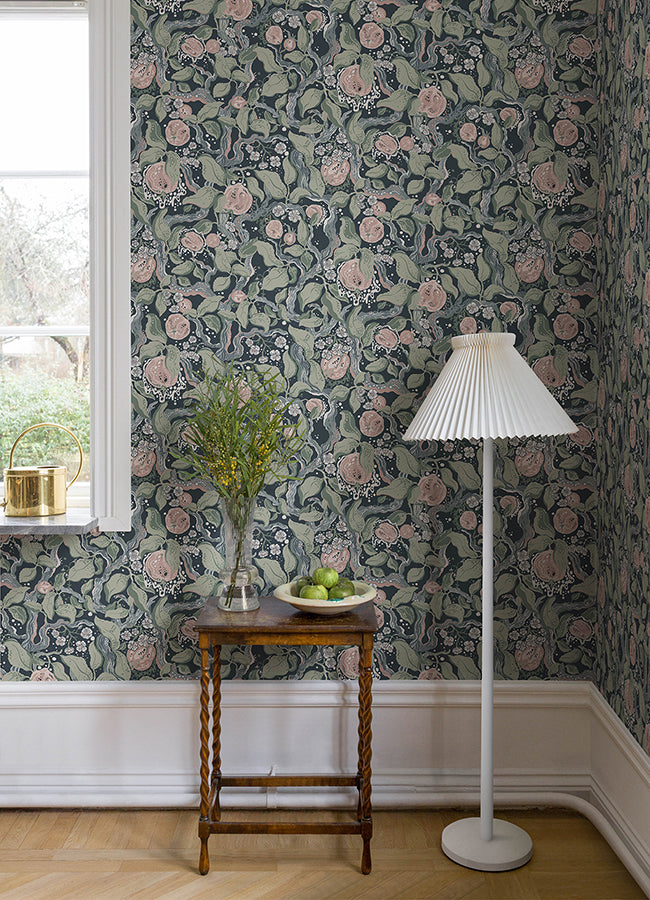 Kort Dark Blue Fruit and Floral Wallpaper  | Brewster Wallcovering - The WorkRm