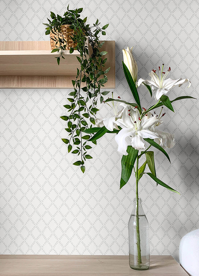 Trevor White Leaf Trellis Wallpaper  | Brewster Wallcovering - The WorkRm