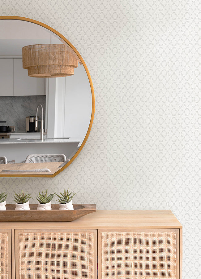 Trevor White Leaf Trellis Wallpaper - Brewster Wallcovering