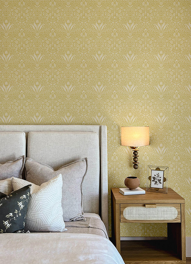 Mara Yellow Tulip Ogee Wallpaper - Brewster Wallcovering