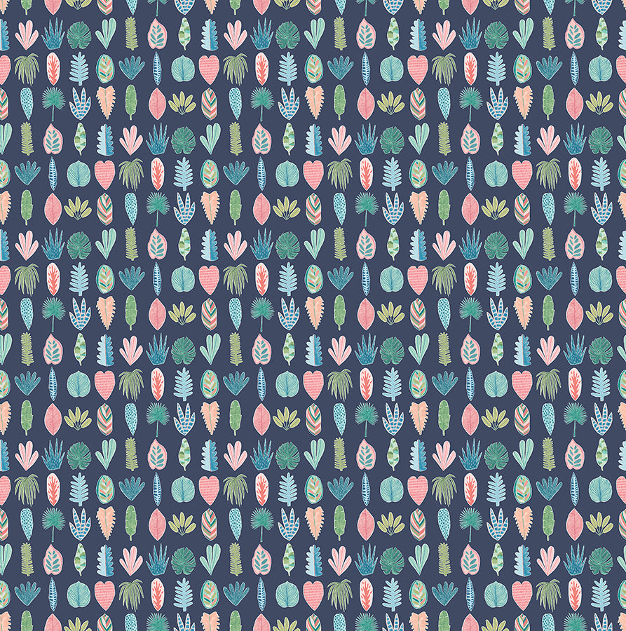 Leaf Boogie Denim Tropical Mix Wallpaper  | Brewster Wallcovering - The WorkRm