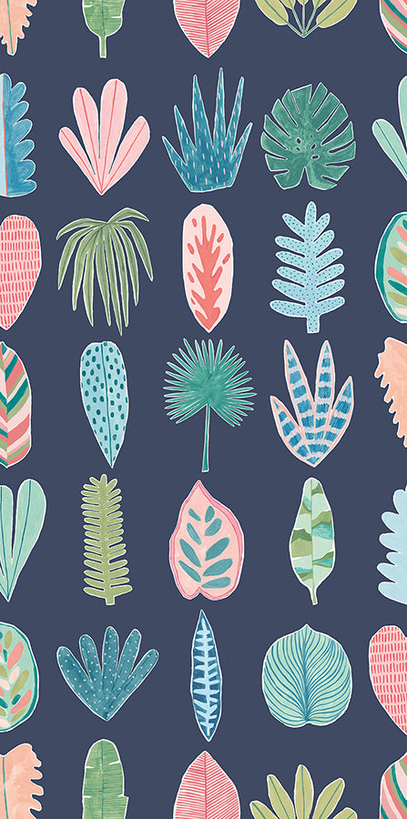 Leaf Boogie Denim Tropical Mix Wallpaper  | Brewster Wallcovering - The WorkRm