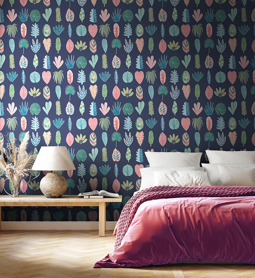 Leaf Boogie Denim Tropical Mix Wallpaper  | Brewster Wallcovering - The WorkRm