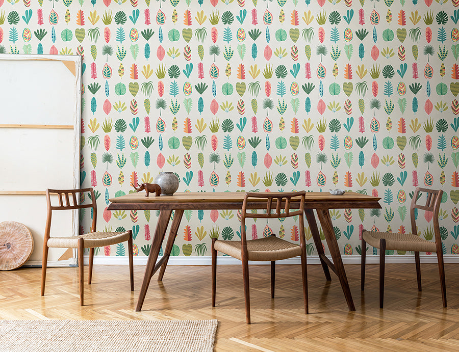 Leaf Boogie Neutral Tropical Mix Wallpaper - Brewster Wallcovering