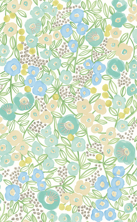 Flora Teal Garden Wallpaper - Brewster Wallcovering