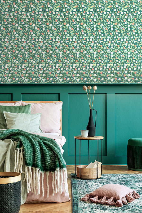 Aino Green Tiny Tulip Wallpaper - Brewster Wallcovering