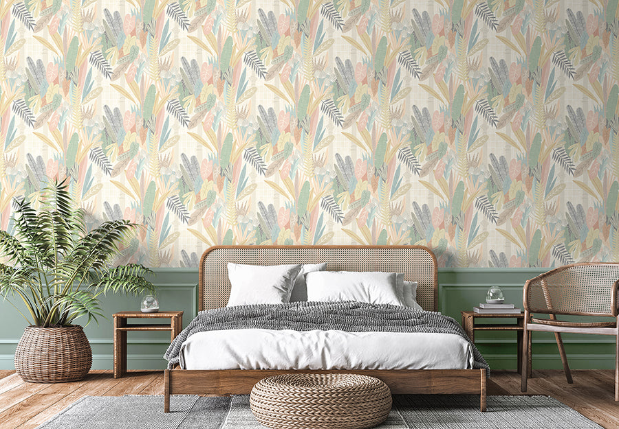 Glasshouse Pastel Tropical Damask Wallpaper  | Brewster Wallcovering - The WorkRm