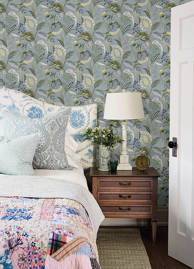 Bohemian Blue Jacobean Wallpaper  | Brewster Wallcovering - The WorkRm