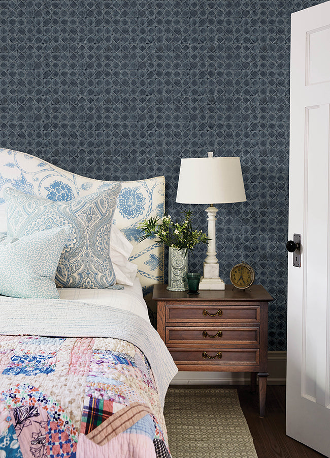 Button Block Navy Geometric Wallpaper - Brewster Wallcovering