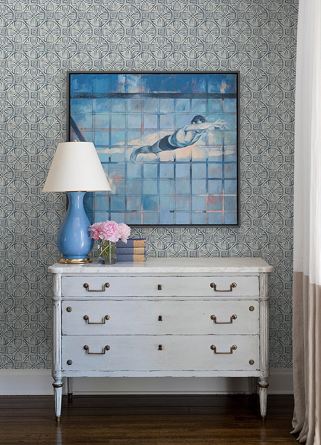 Sandee Navy Medallion Wallpaper - Brewster Wallcovering