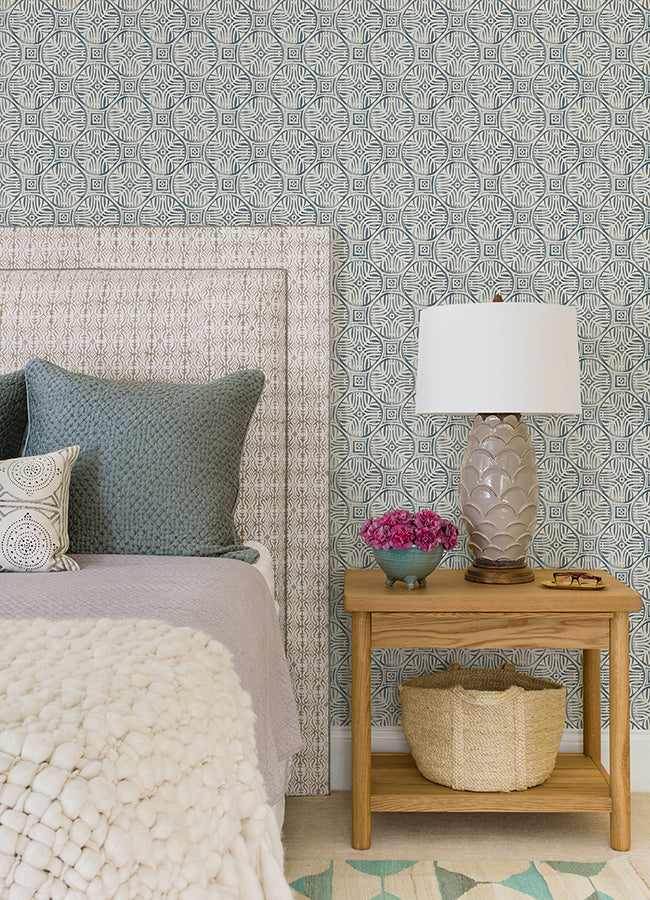 Sandee Navy Medallion Wallpaper  | Brewster Wallcovering - The WorkRm