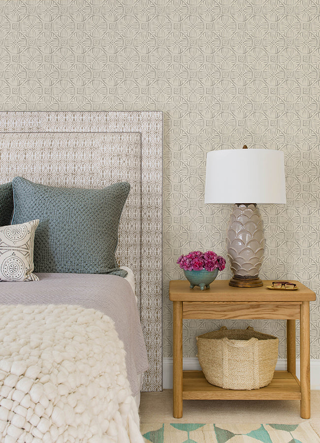 Sandee Grey Medallion Wallpaper - Brewster Wallcovering