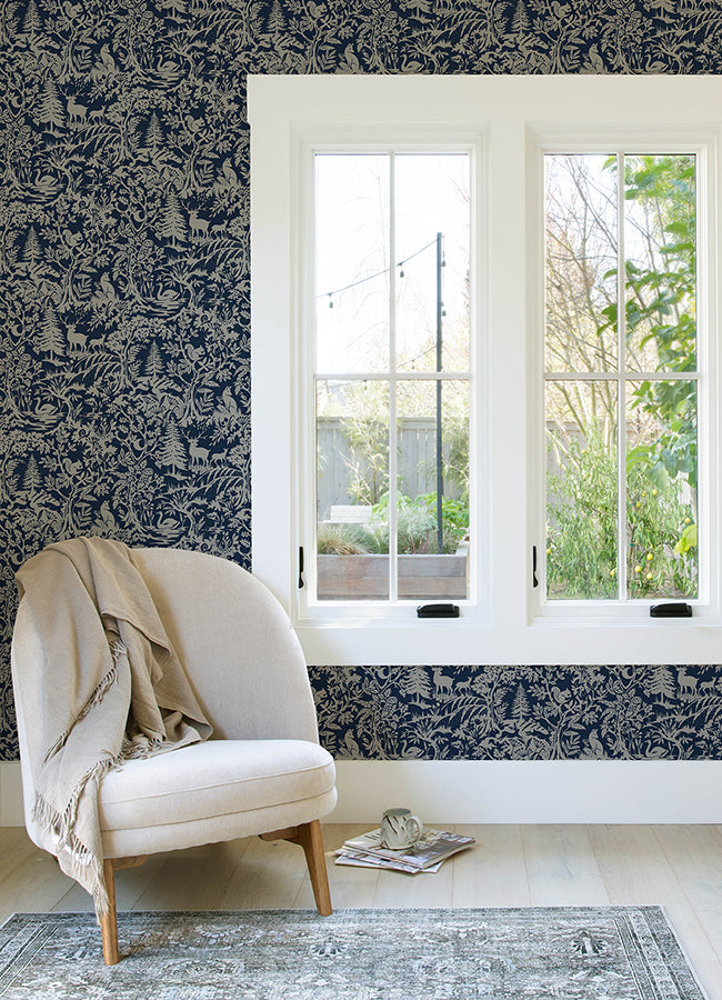 Alrick Navy Forest Venture Wallpaper  | Brewster Wallcovering - The WorkRm