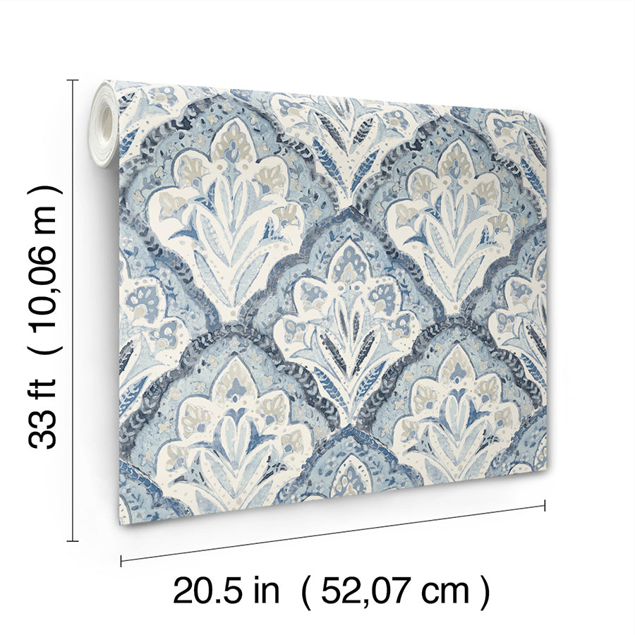 Mimir Blue Quilted Damask Wallpaper  | Brewster Wallcovering - The WorkRm